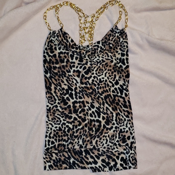 Kiwi Tops - One of a kind gold chain silky leopard top